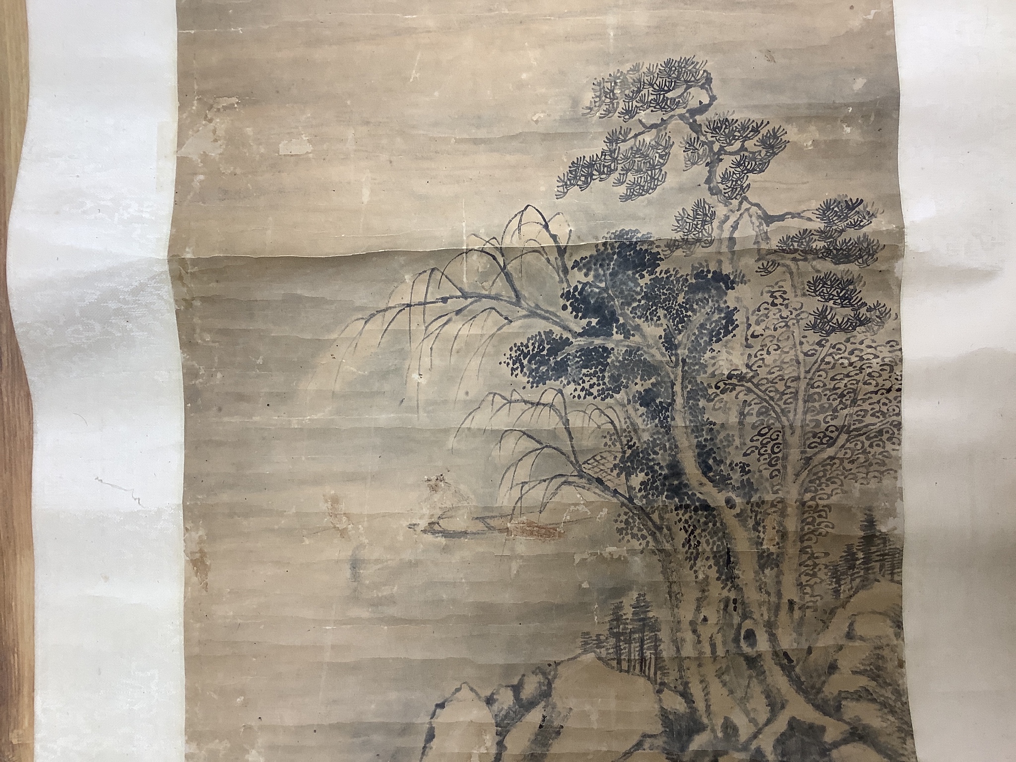 A Chinese scroll painting on paper of a river landscape scene, Qing dynasty Image 100 cm X 36 cm